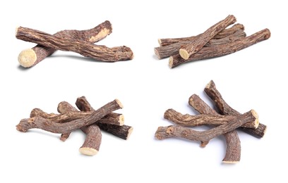 Image of Set with dried sticks of liquorice root on white background 