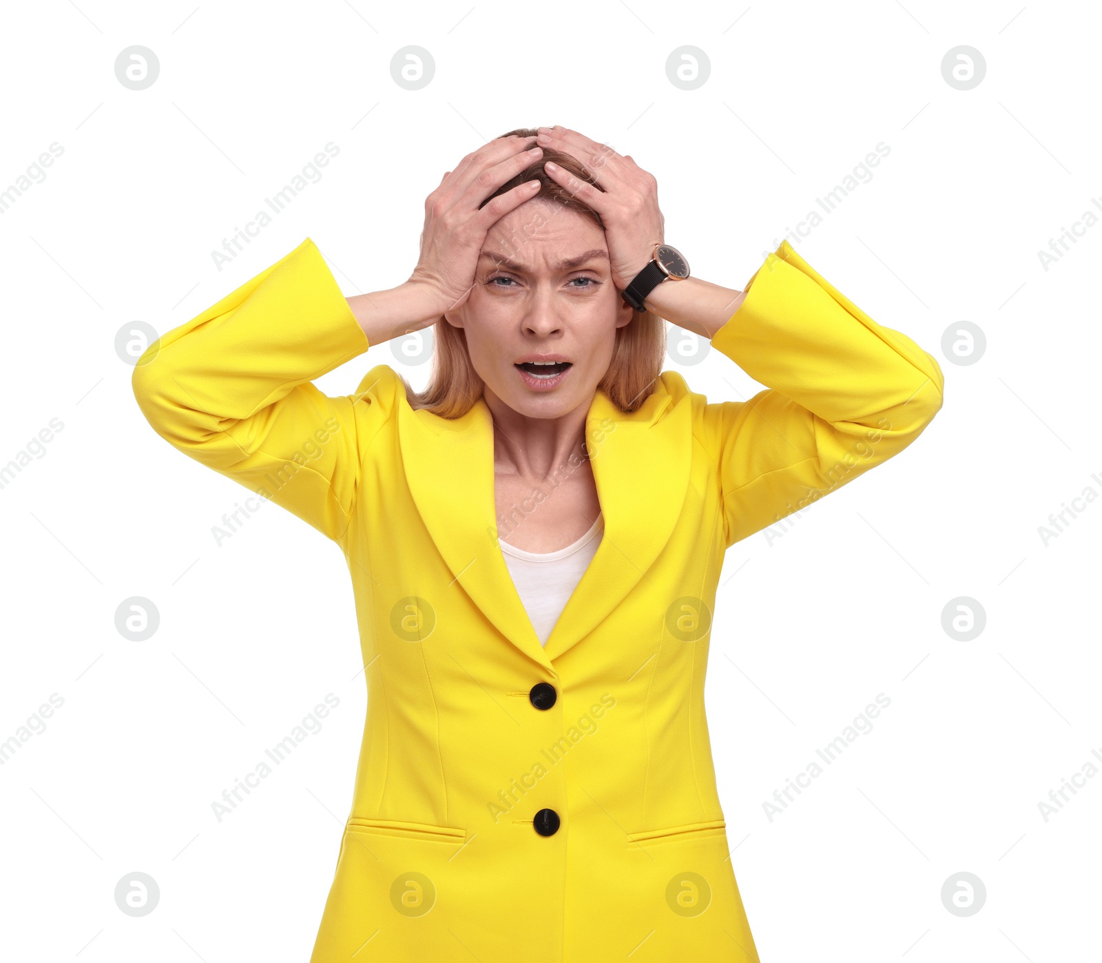 Photo of Beautiful emotional businesswoman posing on white background