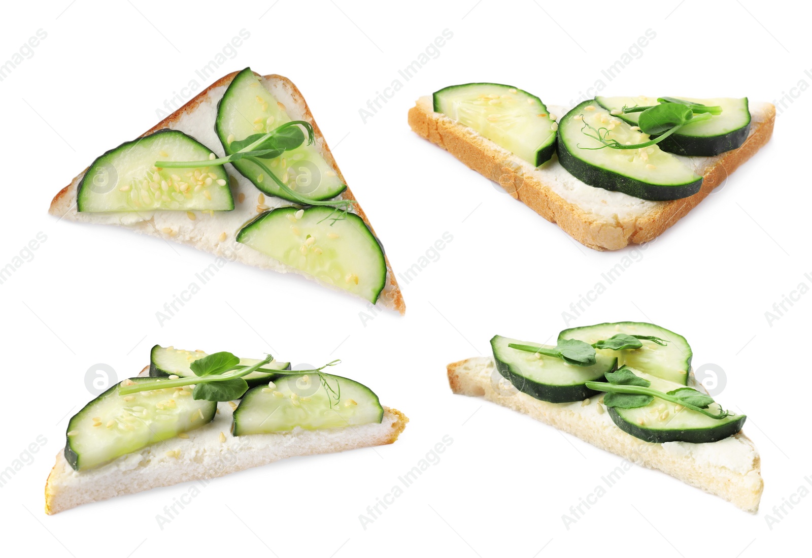 Image of Collage with tasty cucumber sandwiches on white background