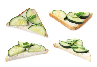 Image of Collage with tasty cucumber sandwiches on white background