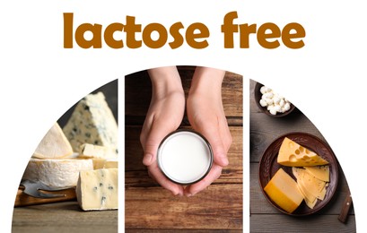 Image of Collage with photos of lactose free dairy products on white background