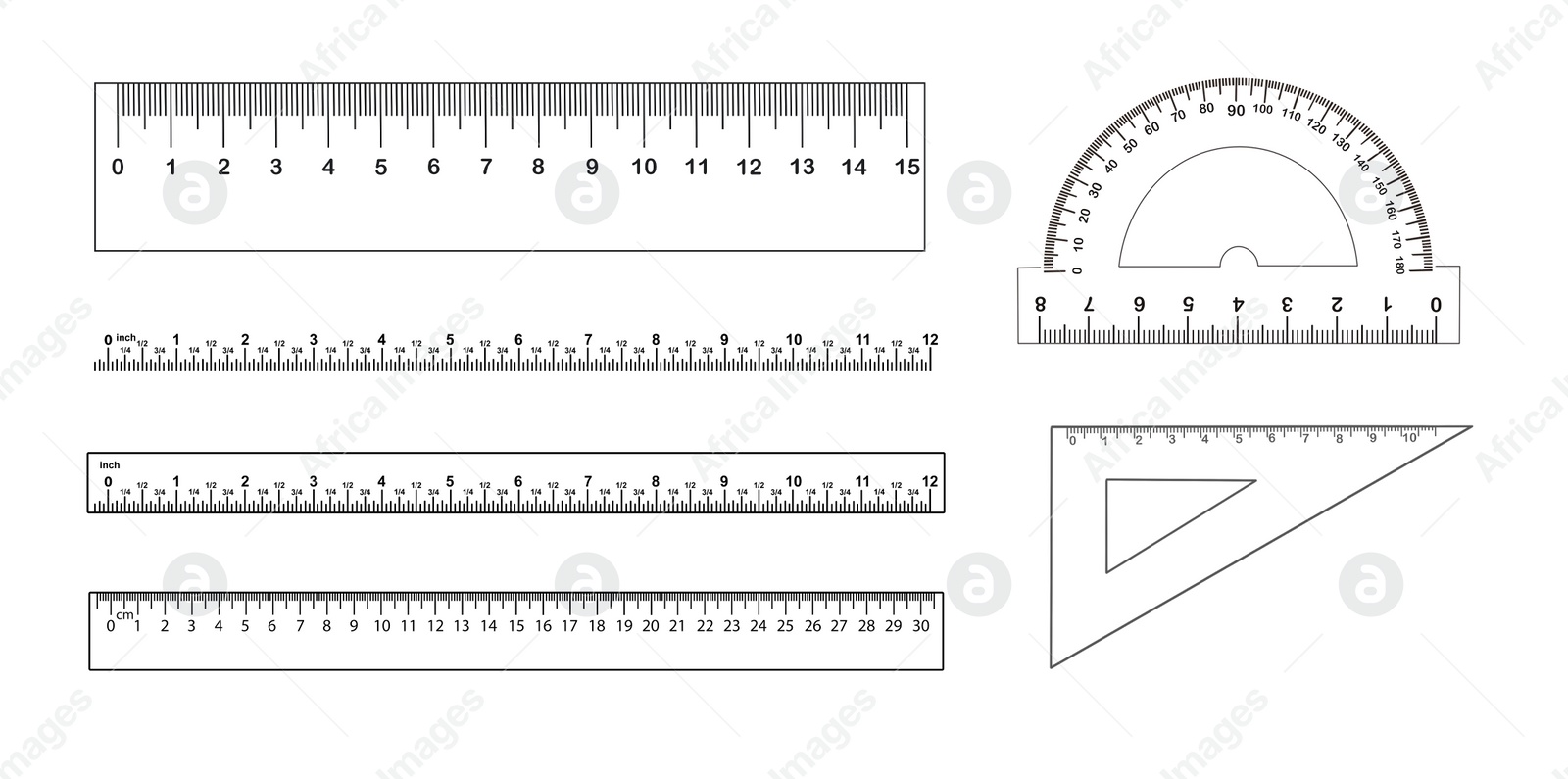 Image of Rulers, triangle and protractor on white background, collage. Illustration