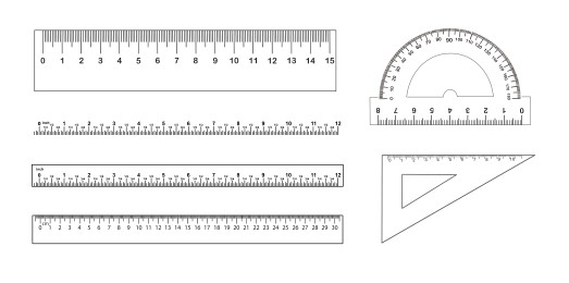 Rulers, triangle and protractor on white background, collage. Illustration