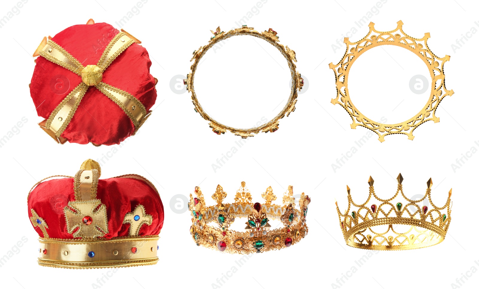 Image of Set of crowns with gemstones on white background, side and top views