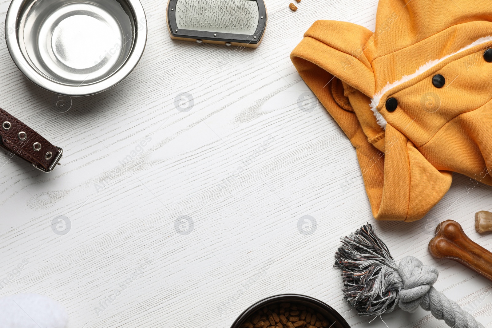 Photo of Flat lay composition with dog clothes, food and accessories on white wooden table. Space for text