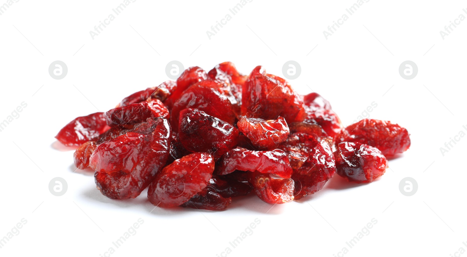 Photo of Heap of cranberries on white background. Dried fruit as healthy snack