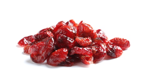 Photo of Heap of cranberries on white background. Dried fruit as healthy snack