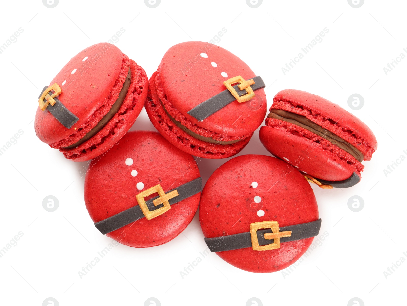 Photo of Beautifully decorated Christmas macarons on white background, top view