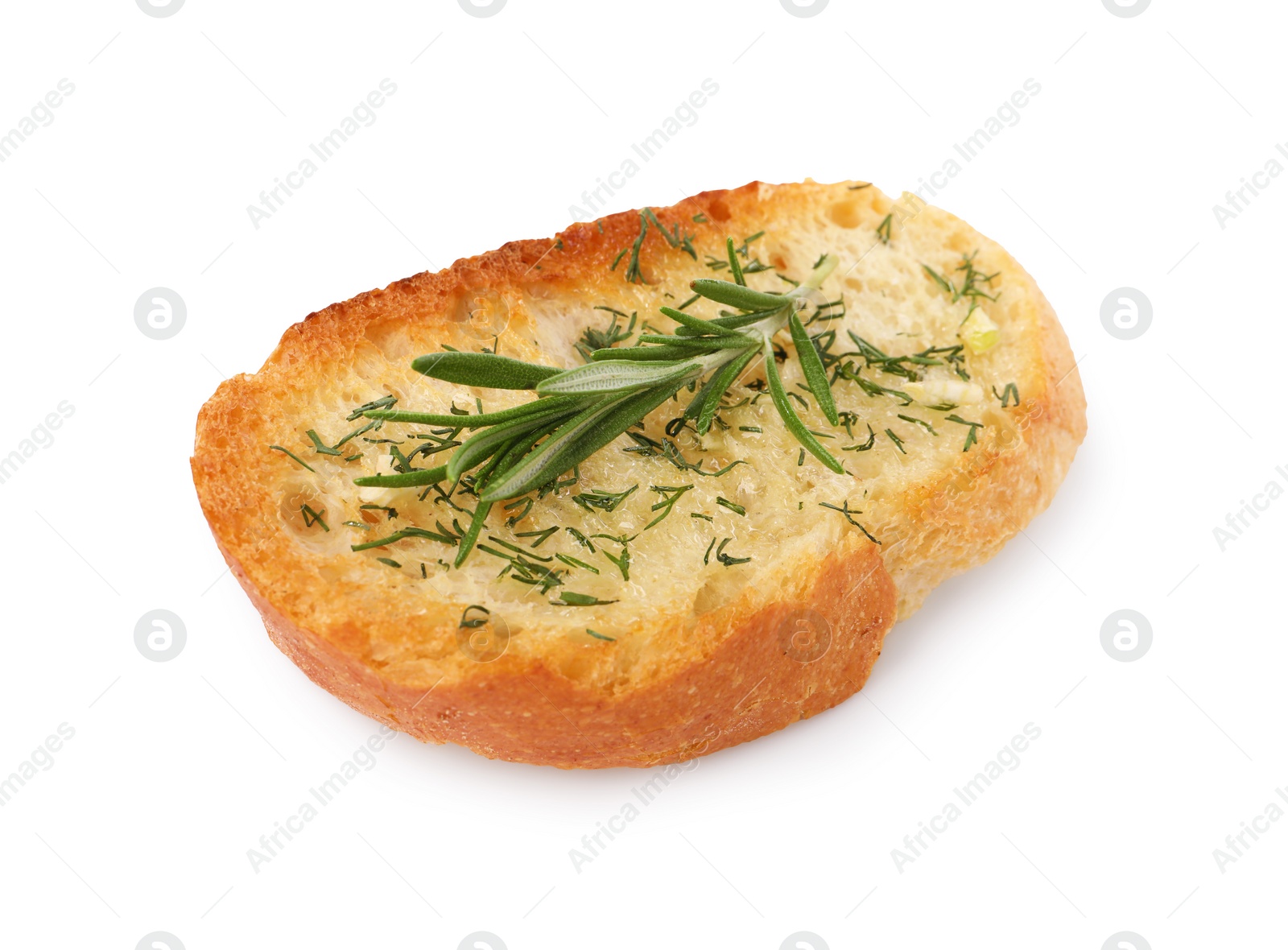 Photo of Piece of tasty baguette with rosemary and dill isolated on white
