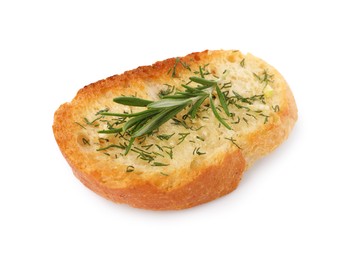 Photo of Piece of tasty baguette with rosemary and dill isolated on white