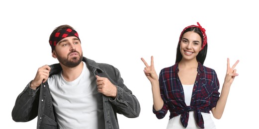 Collage with photos of man and woman wearing stylish bandanas on white background