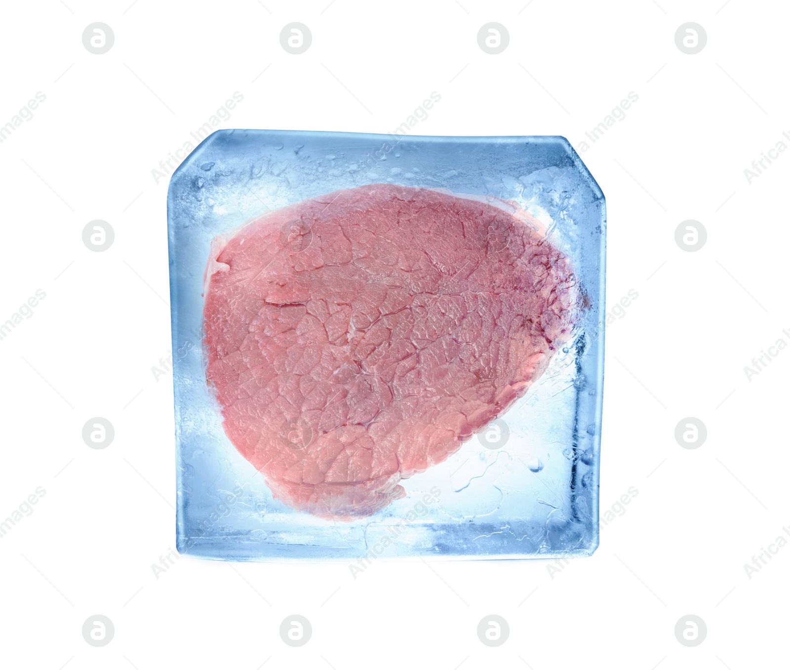 Image of Frozen food. Raw beef cut in ice cube isolated on white