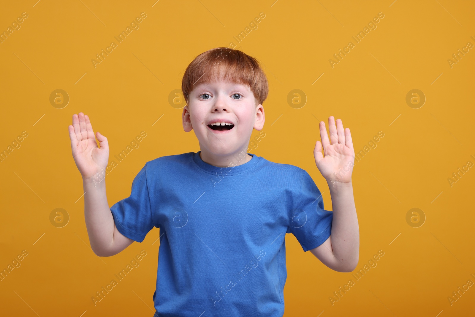 Photo of Portrait of surprised little boy on orange background