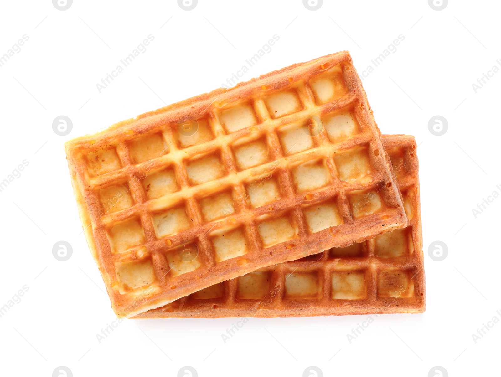 Photo of Delicious Belgian waffles on white background, top view