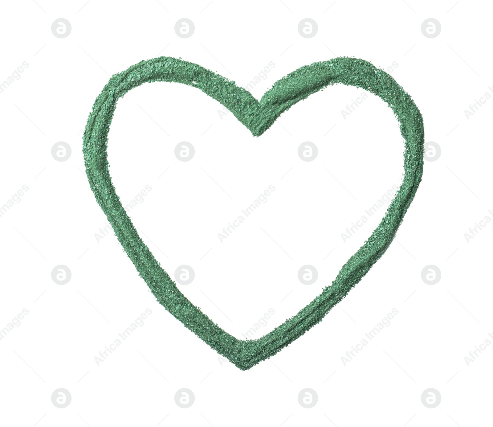 Photo of Heart shaped frame made of spirulina algae powder isolated on white, top view. Space for text