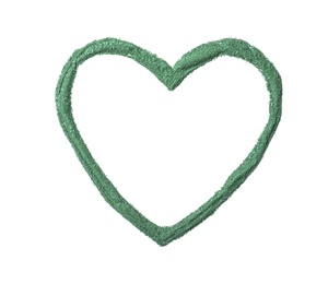 Photo of Heart shaped frame made of spirulina algae powder isolated on white, top view. Space for text