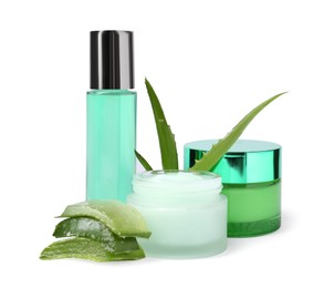 Photo of Cosmetic products and fresh aloe isolated on white