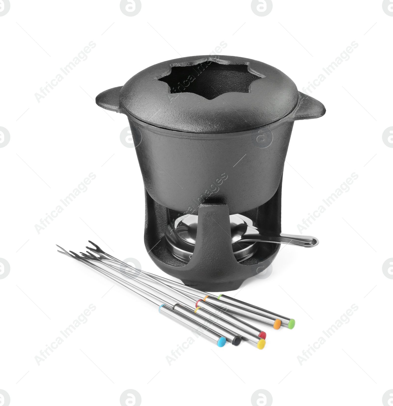 Photo of Fondue set isolated on white. Cooking utensils