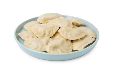 Photo of Plate of delicious dumplings (varenyky) isolated on white
