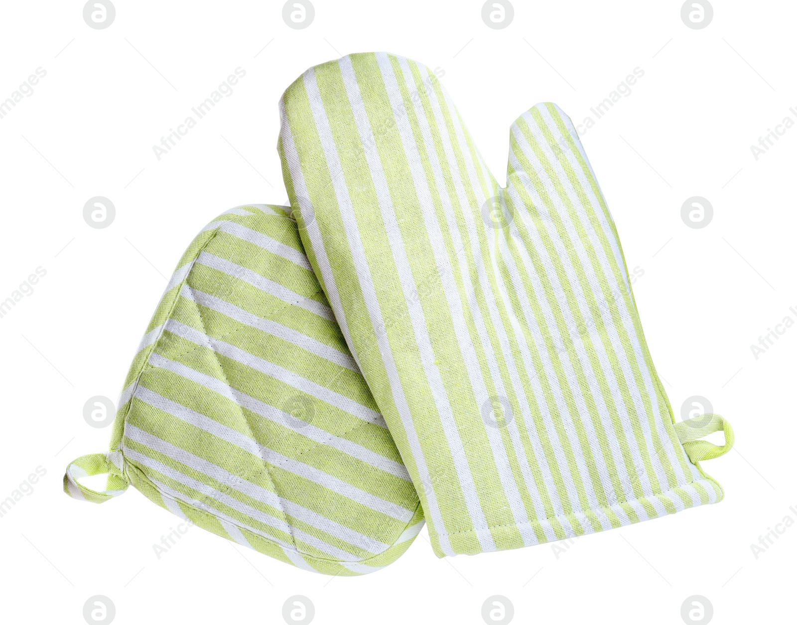 Photo of Oven glove and potholder for hot dishes on white background, top view