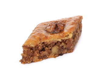 Delicious honey baklava with walnuts on white background