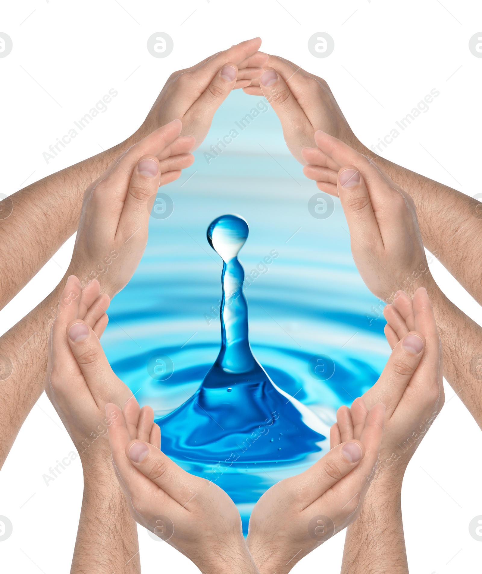 Image of Men forming water drop with their hands on white background. Ecology protection