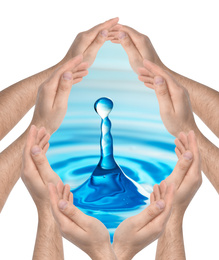 Men forming water drop with their hands on white background. Ecology protection