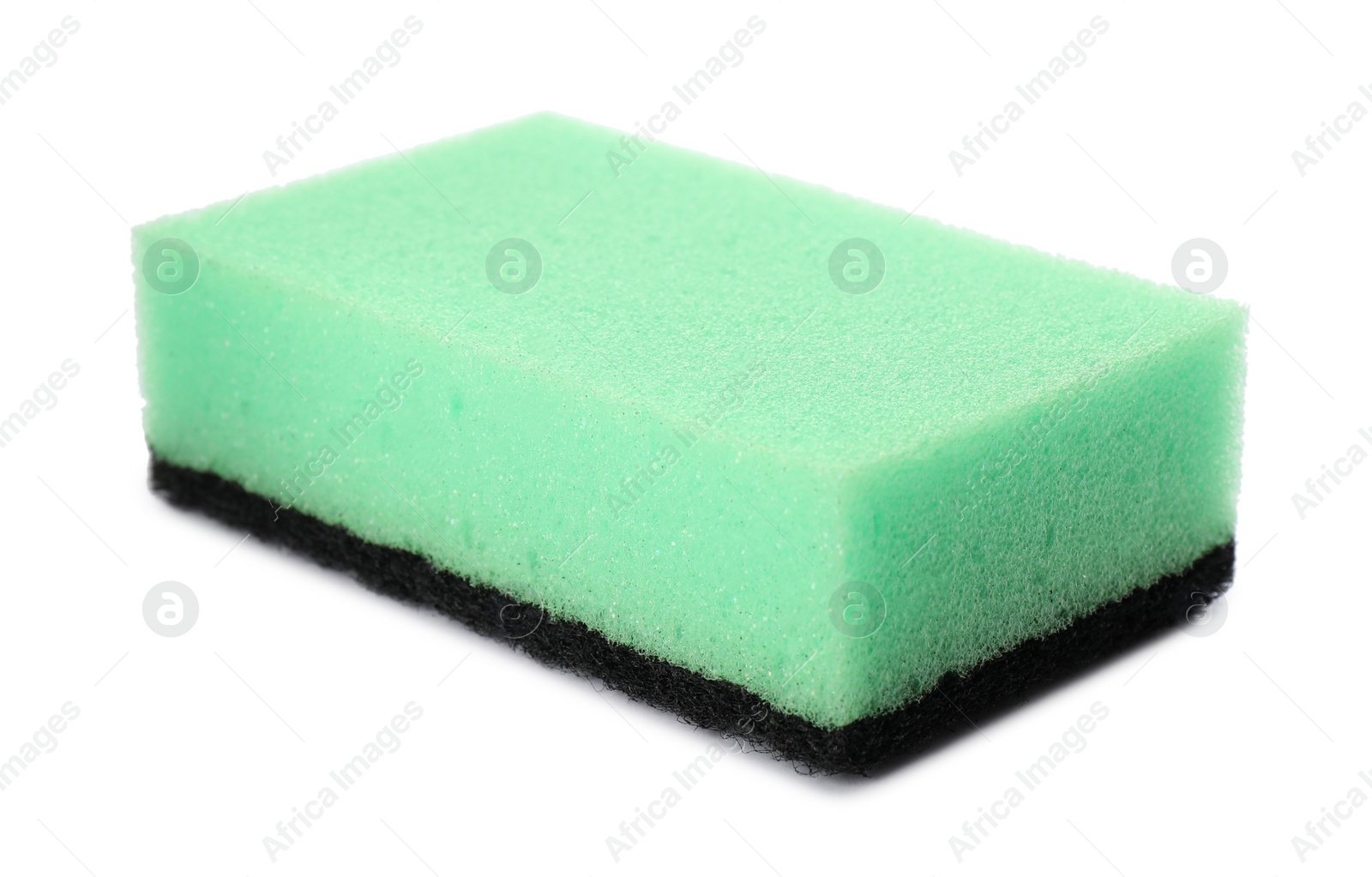 Photo of Green cleaning sponge with abrasive black scourer isolated on white