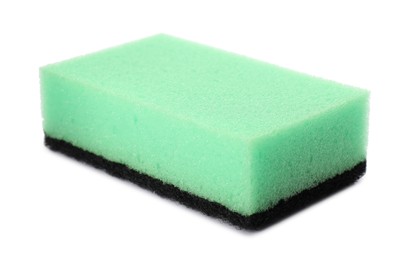 Photo of Green cleaning sponge with abrasive black scourer isolated on white
