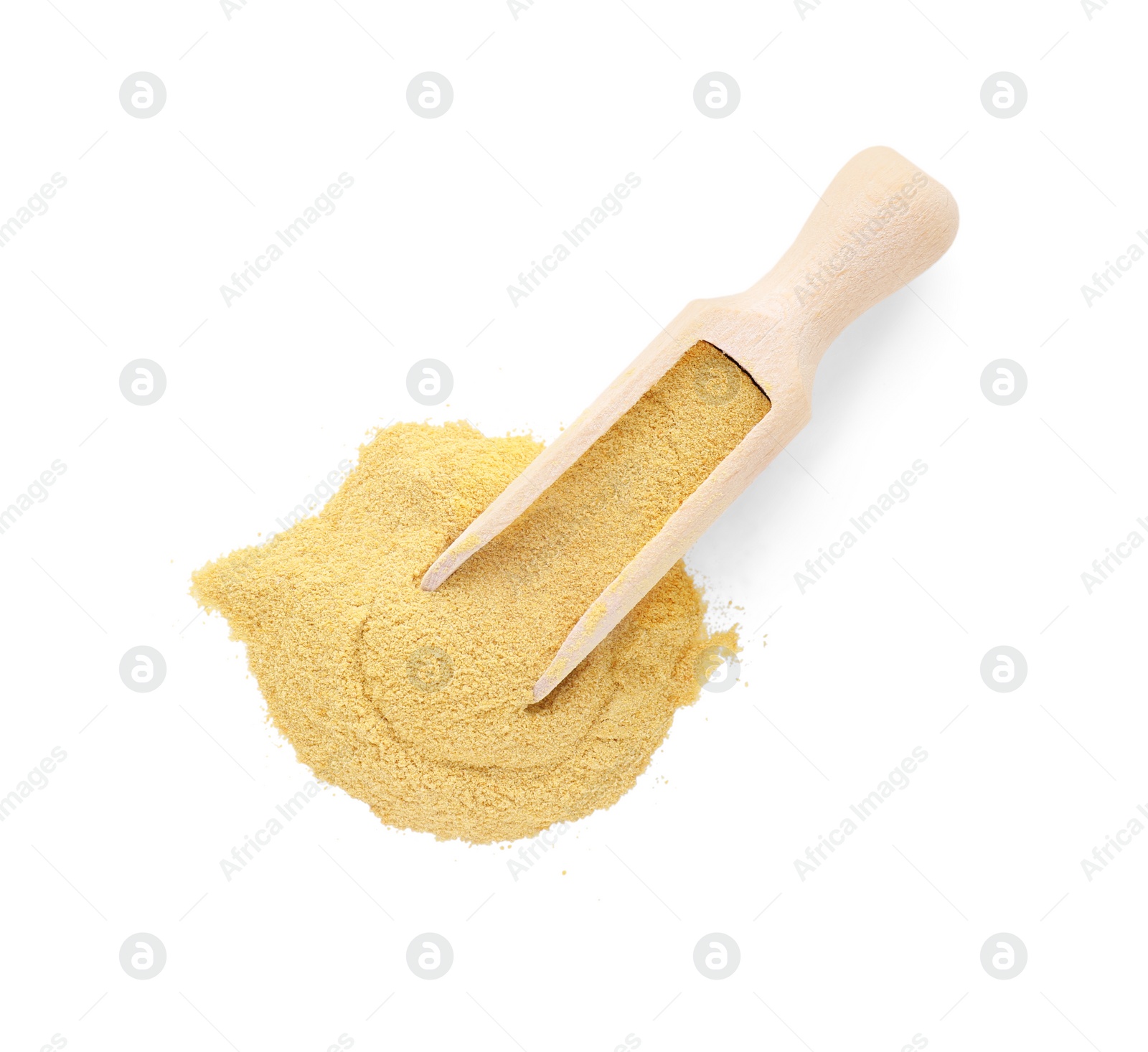 Photo of Brewer's yeast powder and scoop isolated on white, top view