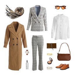 Collage with different clothes, cosmetics and accessories for stylish look on white background. Fall-winter fashion