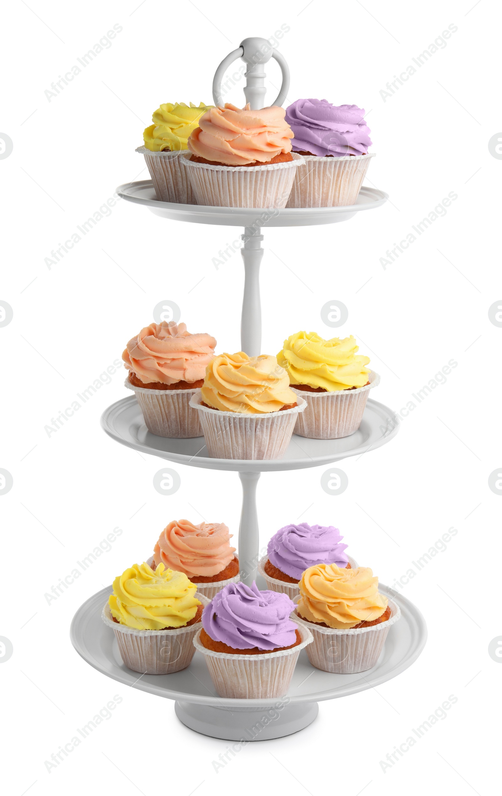 Photo of Dessert stand with tasty cupcakes on white background