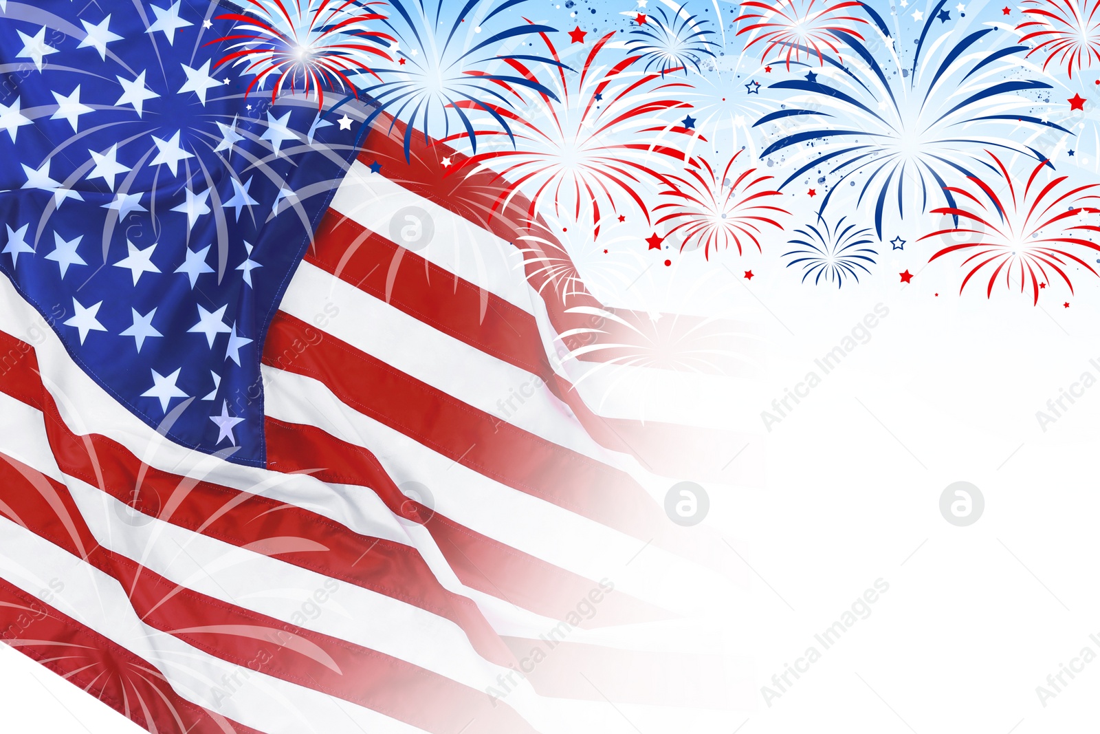 Image of 4th of july - Independence Day of USA. American national flag and fireworks on white background, space for design