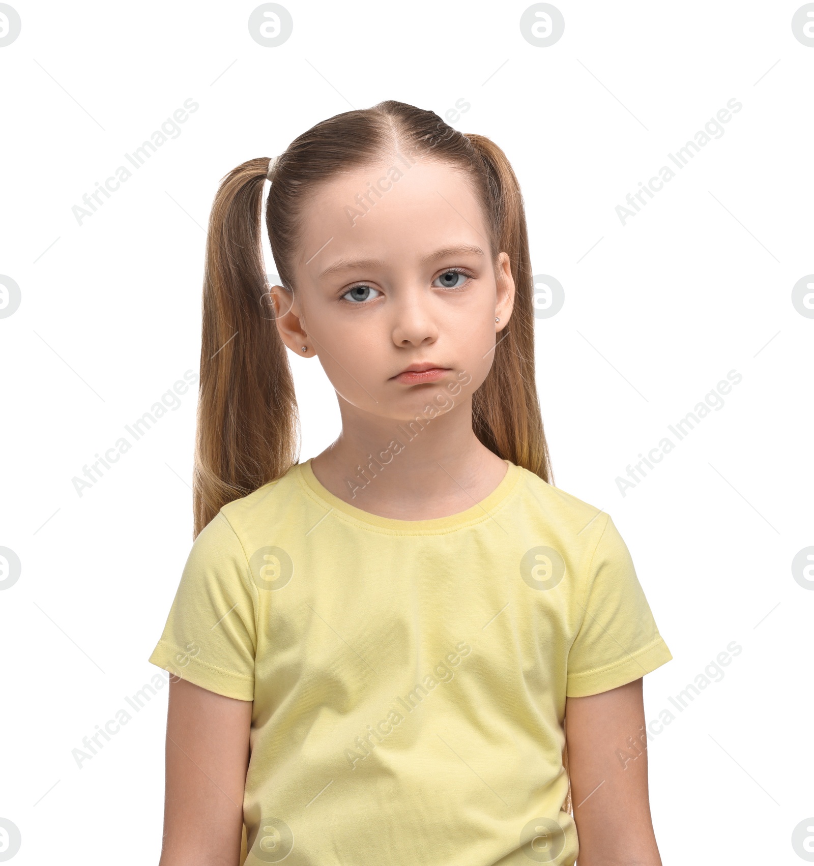 Photo of Portrait of sad girl on white background