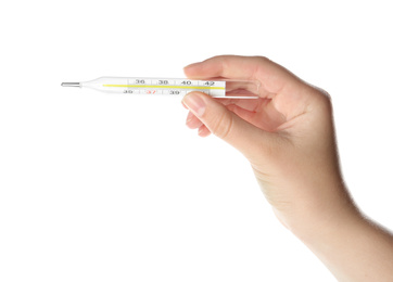 Photo of Woman holding mercury thermometer on white background, closeup