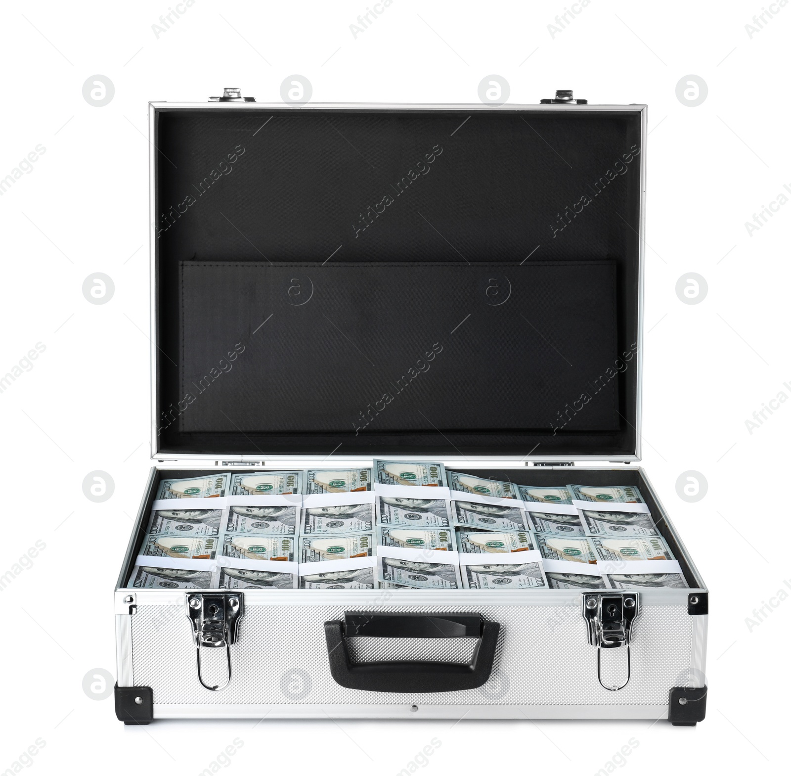 Photo of Open suitcase full of money on white background