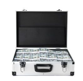 Photo of Open suitcase full of money on white background