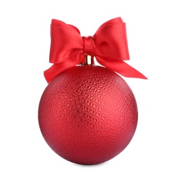 Photo of Beautiful red Christmas ball with ribbon isolated on white