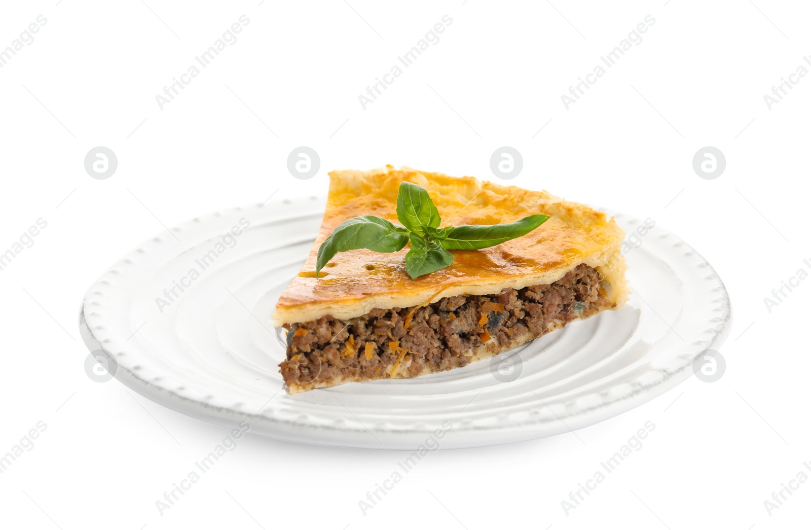 Photo of Piece of delicious pie with minced meat isolated on white