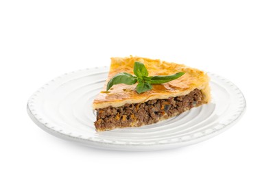 Photo of Piece of delicious pie with minced meat isolated on white