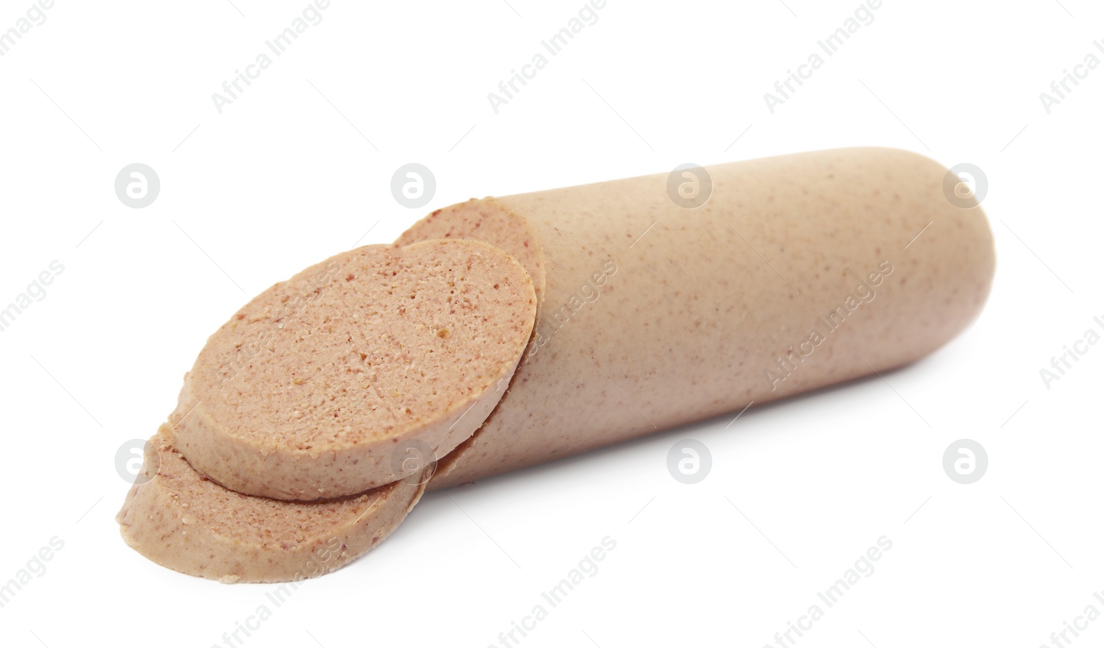 Photo of Delicious fresh cut liverwurst on white background