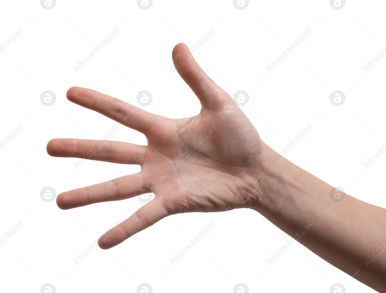 Photo of Man showing hand on white background, closeup