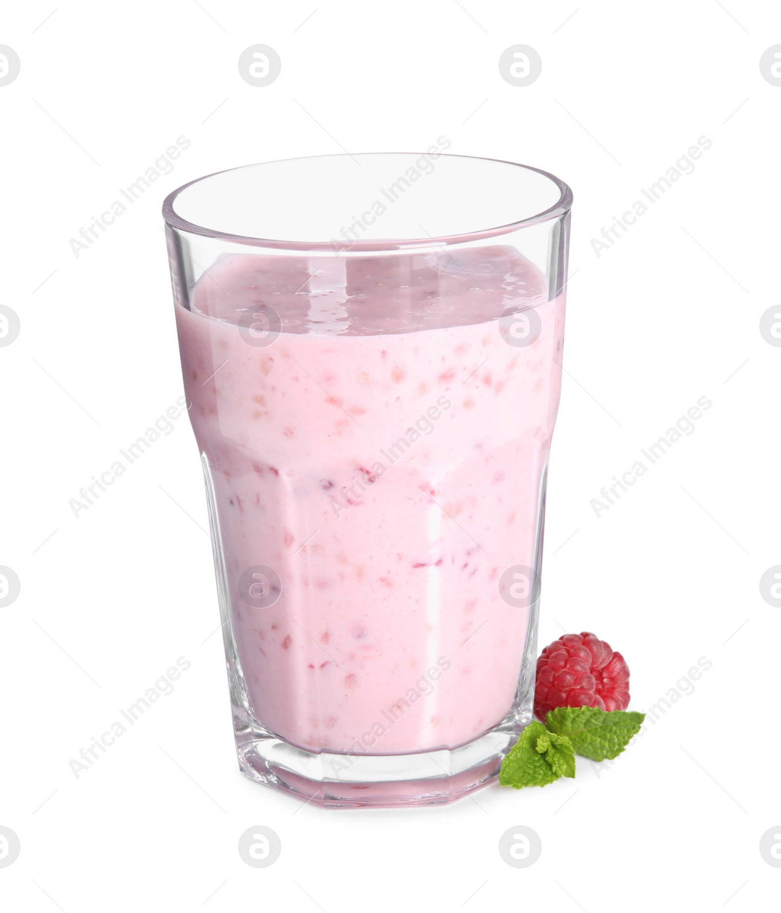 Photo of Tasty raspberry smoothie in glass isolated on white