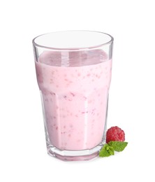 Photo of Tasty raspberry smoothie in glass isolated on white