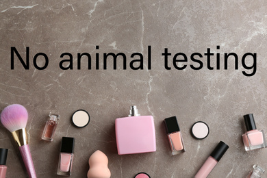 Cosmetic products and text NO ANIMAL TESTING on marble background, flat lay