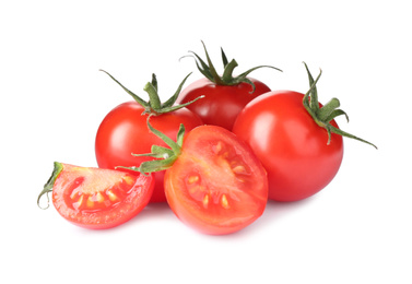 Photo of Tasty fresh raw tomatoes isolated on white