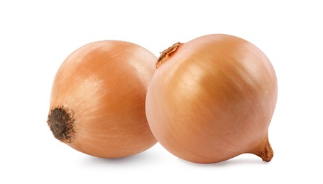 Image of Two whole fresh onion bulbs isolated on white