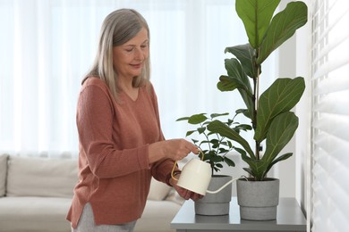 Photo of Senior woman watering beautiful potted houseplants at home