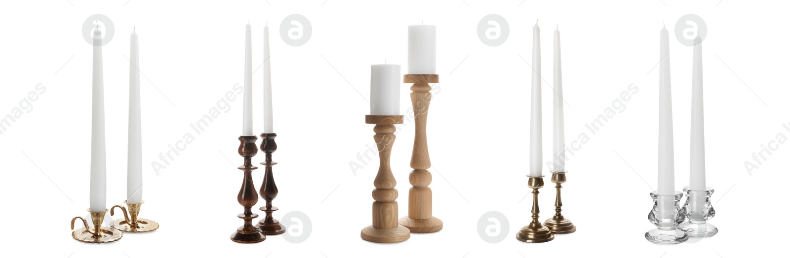 Image of Set with different stylish candlesticks on white background, banner design