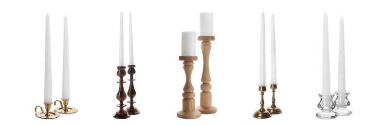 Image of Set with different stylish candlesticks on white background, banner design